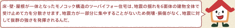 ツーバイフォーくん：床・壁・屋根が一体となったモノコック構造のツーバイフォー住宅は、地震の揺れを6面体の建物全体で受け止めて力を分散させます。地震力が一部分に集中することがないため倒壊・損傷がなく、地震に対して抜群の強さを発揮されるんだ。